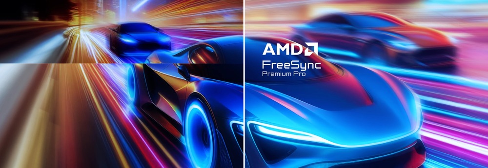 Herní monitor Acer Predator X34X5bmiiphuzx černý Obraz na rozdělené obrazovce kontrastuje efekty rozmazání pohybu na závodních automobilech. Levá strana je více rozmazaná, zatímco pravá strana je ostrá, což dokazuje čistotu technologie AMD FreeSync Premium Pro.