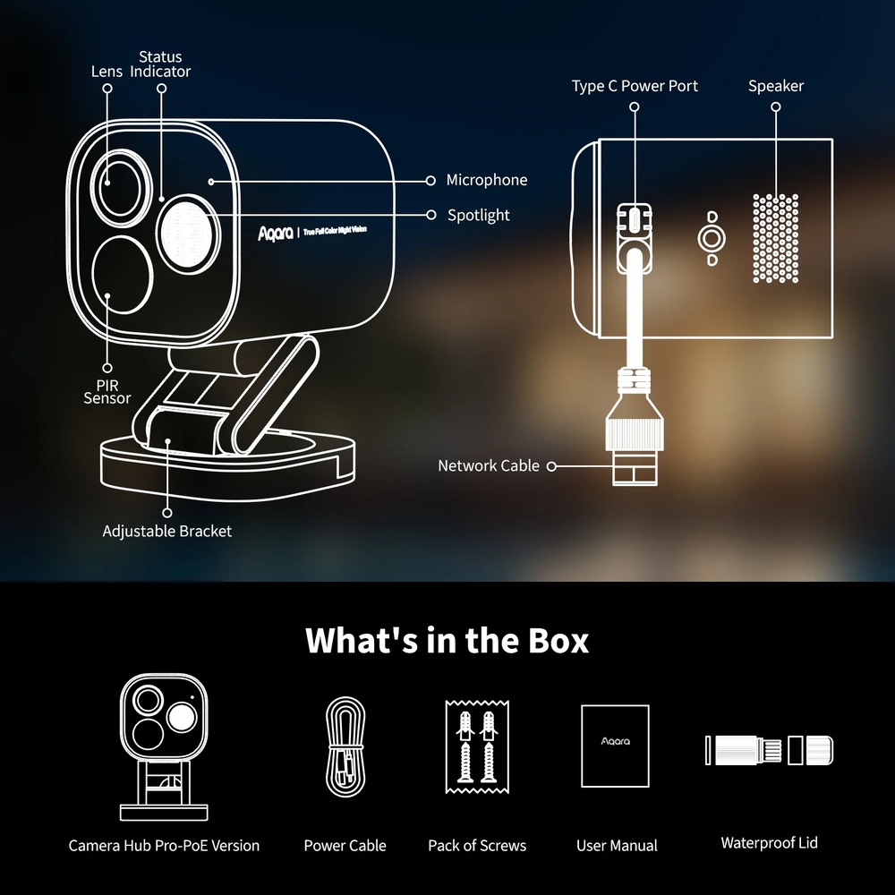 Popis součástí kamery Aqara Camera Hub G5 Pro PoE a obsah balení.