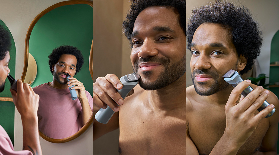 Muž se zbavuje chloupků v nose a vousů zastřihovačem Philips MG5941/15