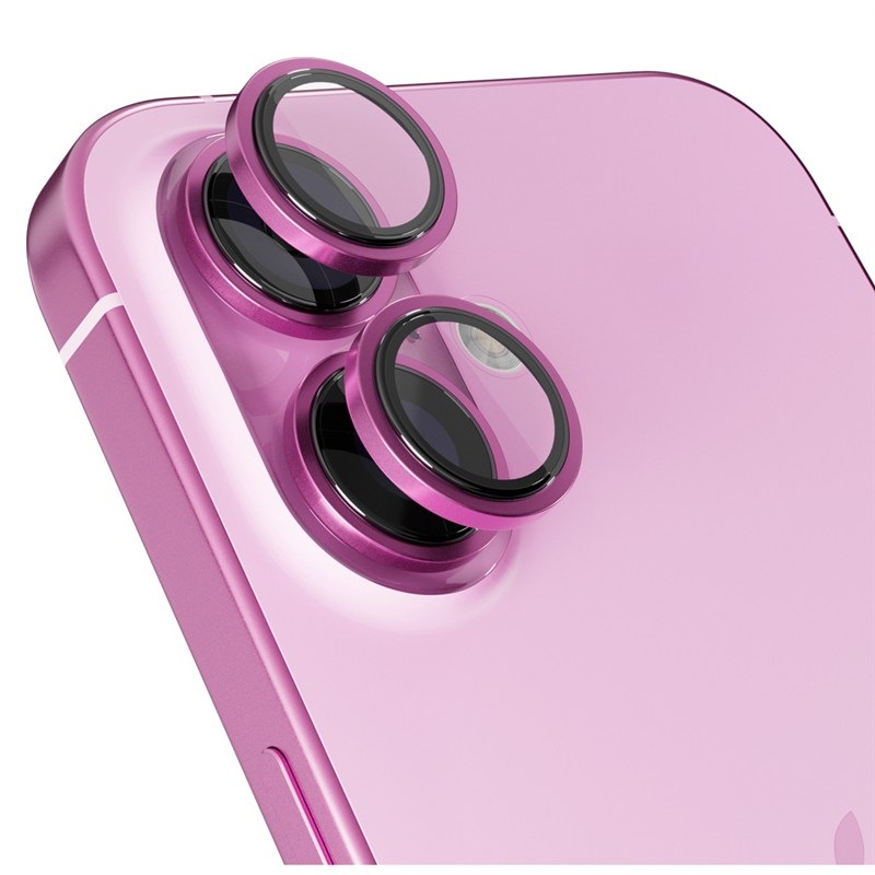 Tvrzené sklo Epico Aluminium Lens Protector na Apple iPhone 16/16 Plus, v růžové barvě.