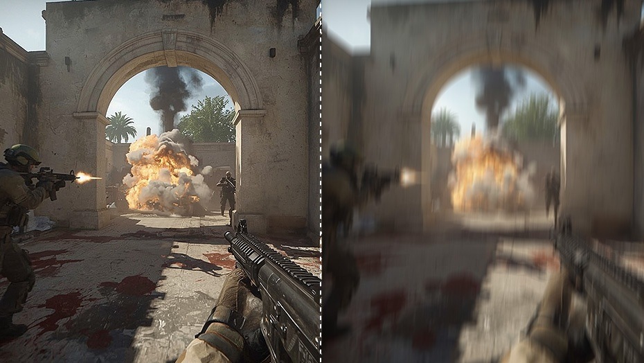 Herní monitor GIGABYTE MO32U2 černý Rozdělená obrazovka se scénou z videohry na rozdělené obrazovce ukazuje explozi v oblouku. Levý obraz je ostrý, zatímco pravý je rozmazaný, oba snímky zobrazují akci i intenzitu.