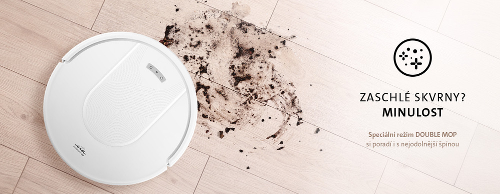 Bílý robotický vysavač ETA Aron 2 čistící zaschlé skvrny na podlaze pomocí režimu DOUBLE MOP. Reklamní text „Zaschlé skvrny? Minulost – Speciální režim DOUBLE MOP si poradí i s nejodolnější špínou