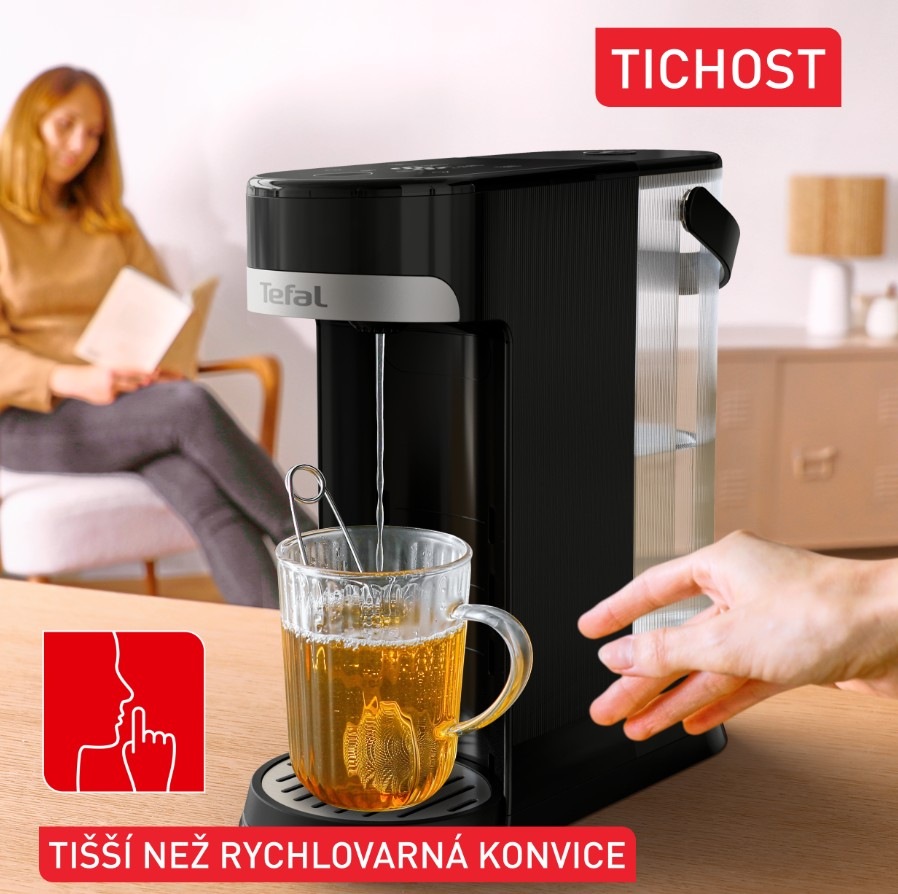 Ohřívač vody Tefal BR3508E0 Instant Hot Water černý/nerez Ohřívač vody Tefal Instant Hot Water BR3508E0 napouští teplou vodu do hrnku s čajem