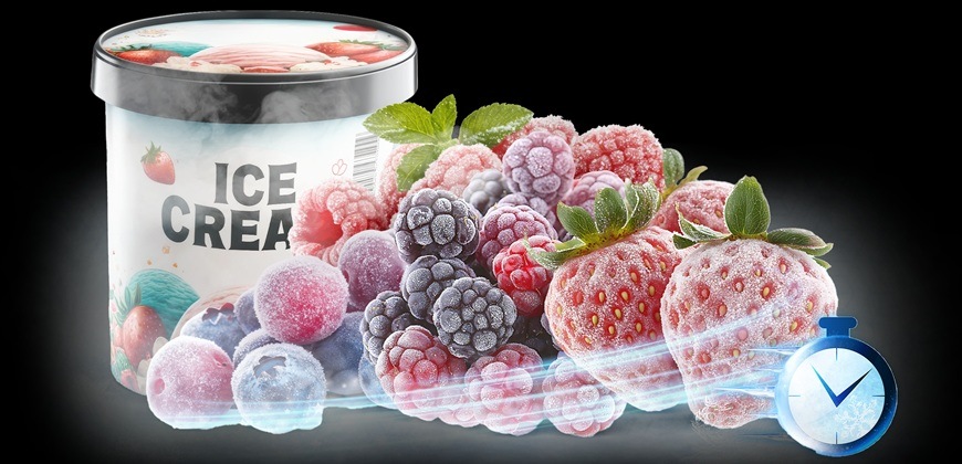 Detail obrázku mraženého ovoce s funkcí QuickFreeze.