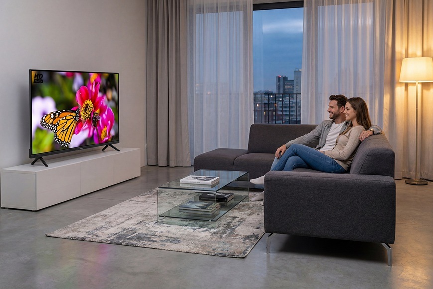 Televize Sencor SLE 3234 Pár sleduje televizi Sencor SLE 3234 v moderním obývacím pokoji během večerního odpočinku.