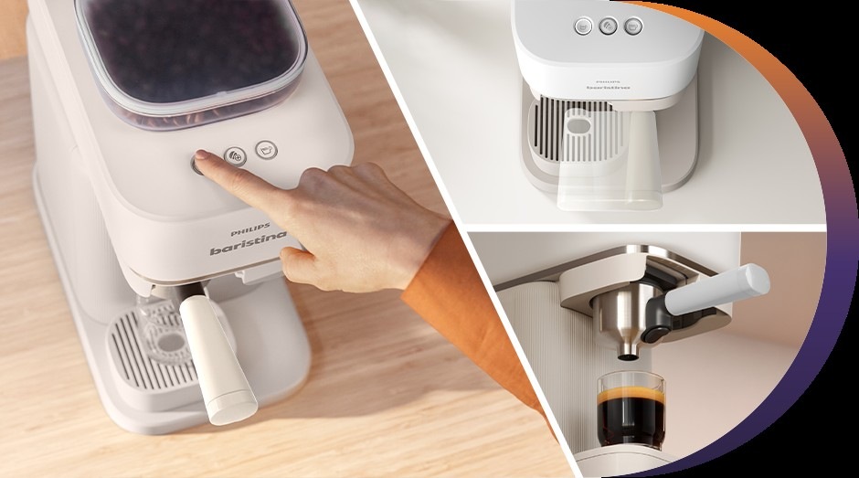 Pákový kávovar Philips BAR300/00 Baristina a ovládání pákou a detailní pohled na kávovar