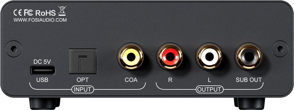 DAC převodník Fosi Audio Q6 černý Zadní strana DAC převodníku Fosi Audio Q6 s konektory