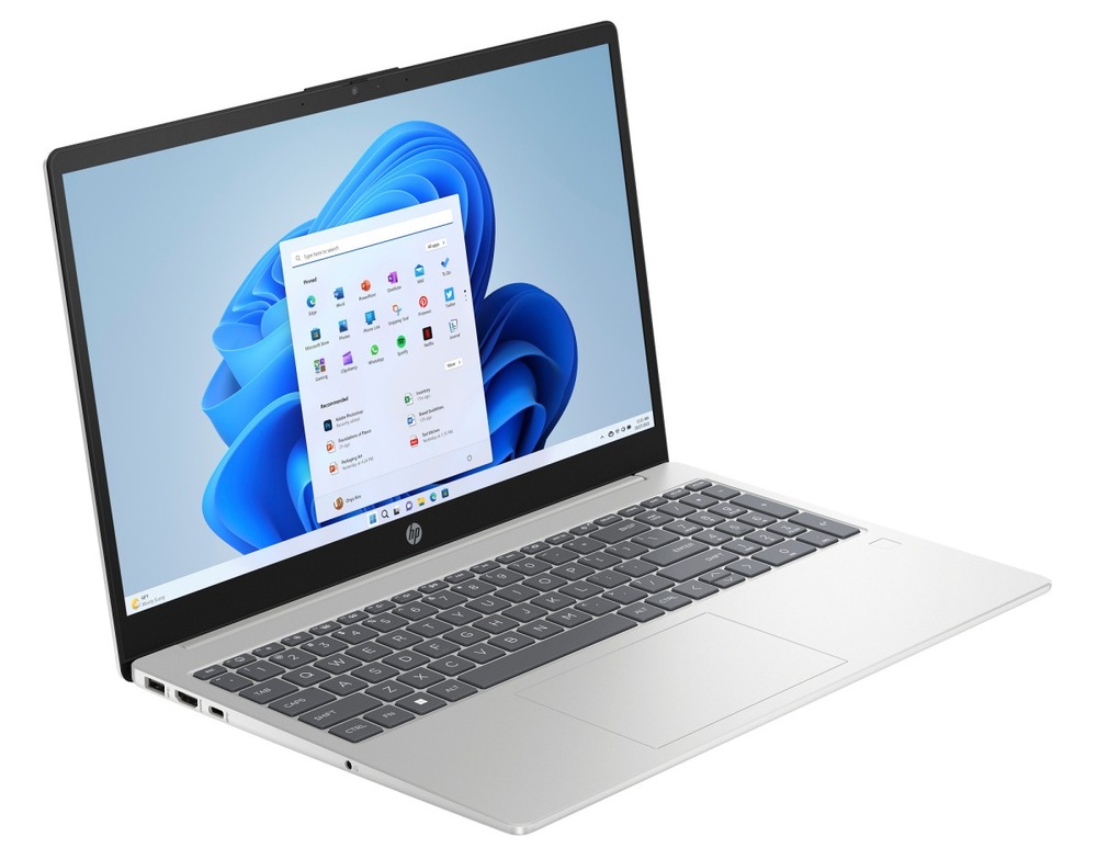 Otevřený a zapnutý notebook HP 15-fd2000ncx otočený doprava