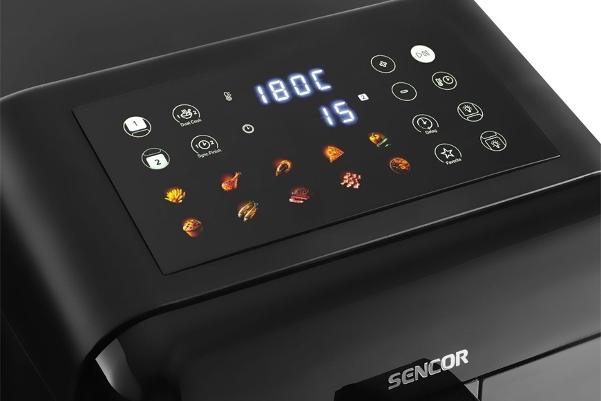Fritéza horkovzdušná Sencor SFR 1250BK černá Detail dotykového displeje horkovzdušné fritézy Sencor SFR 1250BK s nastavenou teplotou 180 °C a časem 15 minut. Přehledné ikony automatických programů umožňují snadnou volbu přípravy různých pokrmů jedním dotykem.