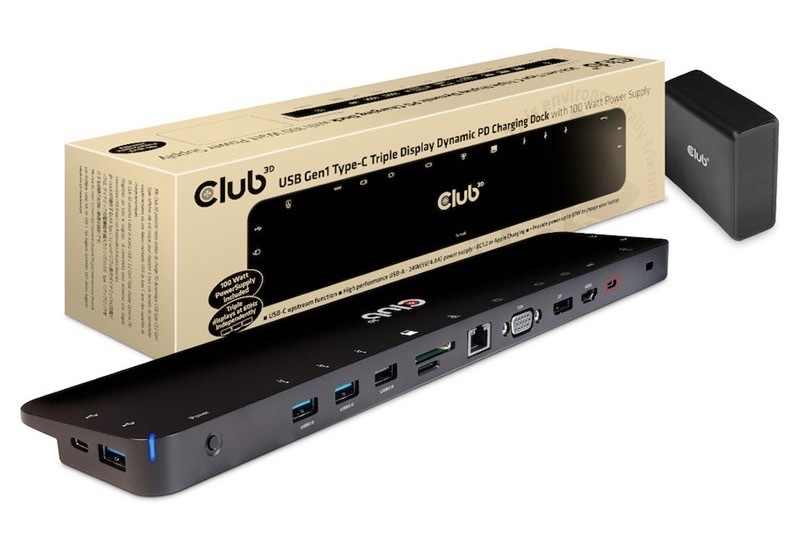 Dokovací stanice Club3D USB-C 3.2 s napájecím adaptérem Triple Display Dynamic PD, 100 W černá