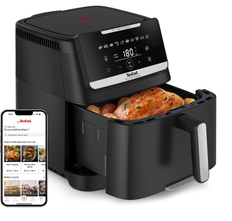 Fritéza horkovzdušná Tefal Easy Fry Silence EY8428E0, 7 l černá Fritéza horkovzdušná Tefal EY8428E0 Easy Fry Silence a vedle ní telefon s mobilní aplikací