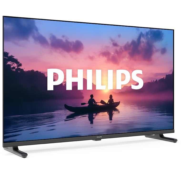 Televize Philips PHS6050 natočená mírně doprava, na obrazovce je logo Philips a na pozadí je záběr siluet dvou lidí na loďce na vodě při západu slunce