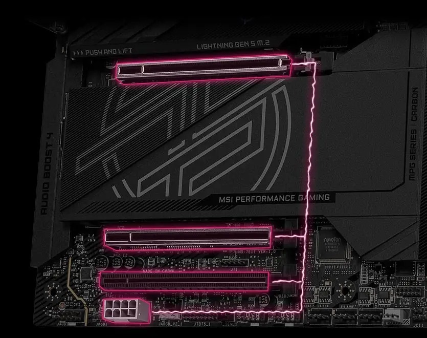 Základní deska MSI MPG Z890 CARBON WIFI Detailní záběr na černou herní základní desku MSI s růžovými LED osvětlenými sloty a akcenty, zdůrazňující elegantní design a hi-tech funkčnost.