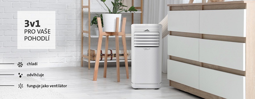 Mobilní klimatizace ETA Smart 3578 90000 2,6 kW bílá Produktový banner na klimatizaci ETA Smart. Bílá mobilní jednotka s odvodní hadicí stojí vedle světlé komody. Vlevo je text „3v1 PRO VAŠE POHODLÍ“ a seznam funkcí: chladí, odvlhčuje, funguje jako ventilátor