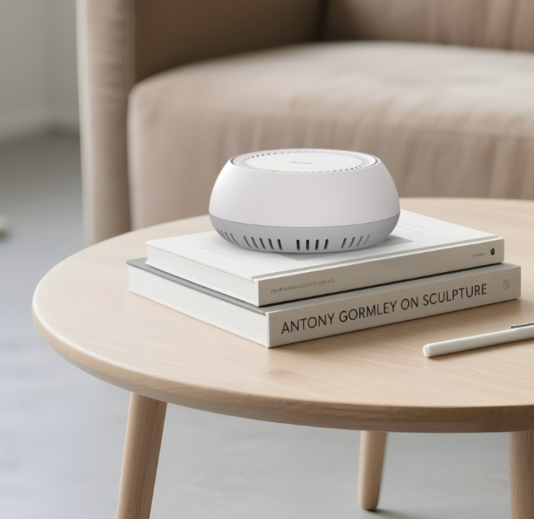 TP-Link Deco BE65-PoE umístěný na stolku v obytné místnosti