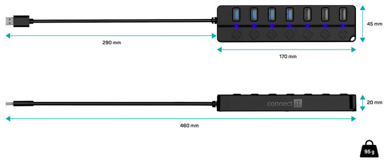 USB Hub Connect IT Mighty Switch 2, USB-A/ 4x USB-A 3.0, 3x USB-A 2.0 - černý