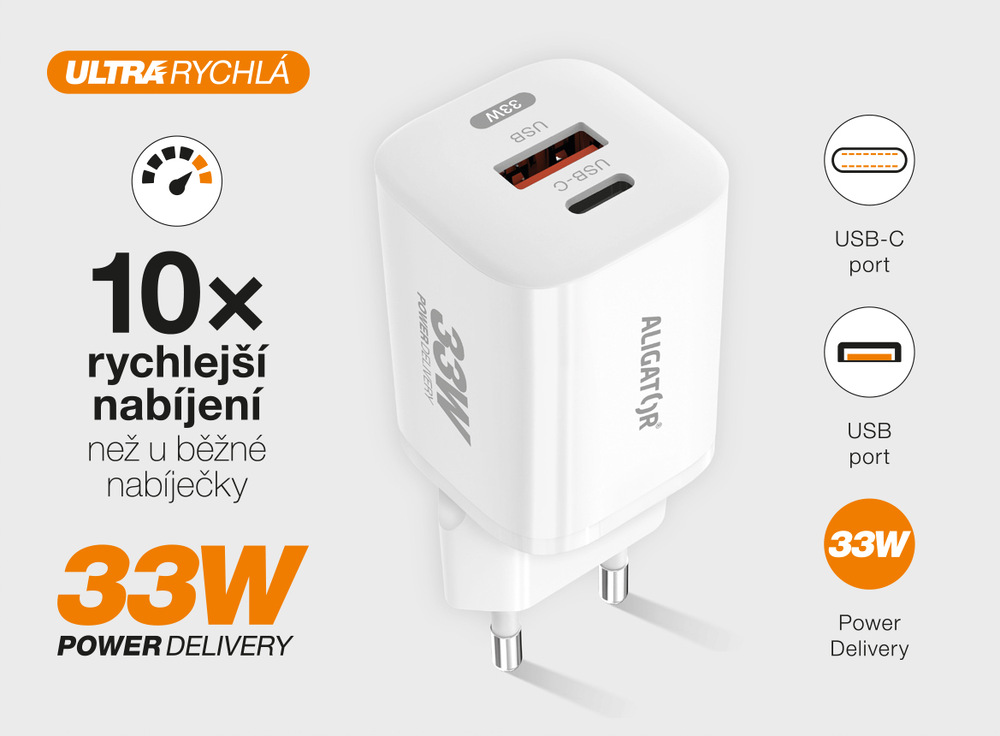 Nabíječka do sítě Aligator Power Delivery 33W, USB-C + USB-A bílá