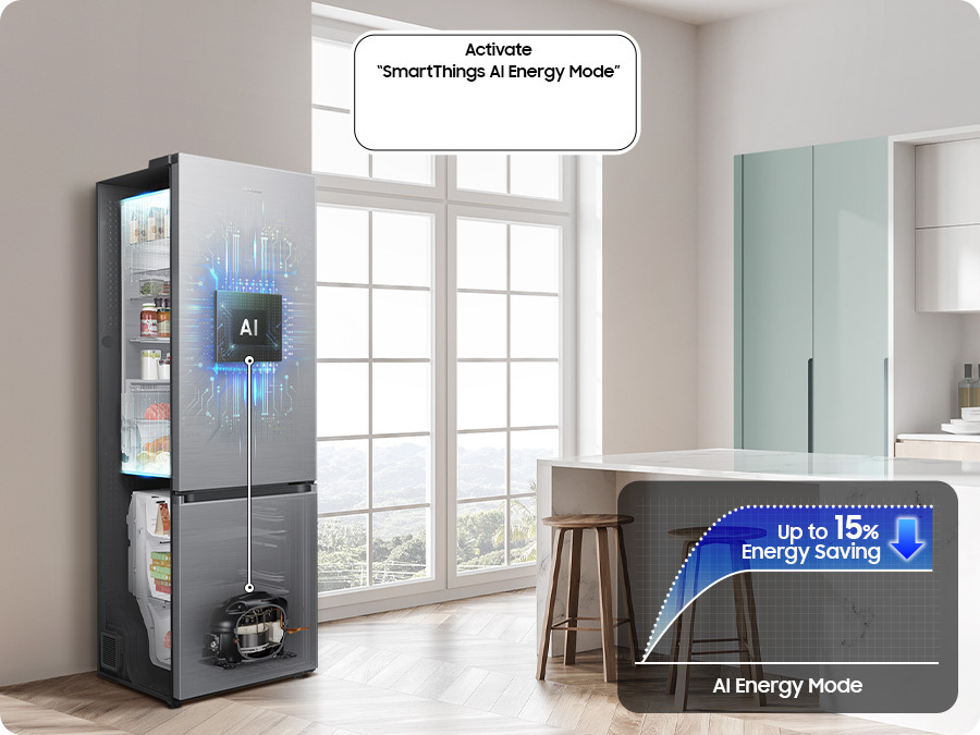 Chladnička s mrazničkou Samsung RB38C7AGWS9/EF stříbrná Infografika k režimu AI Energy