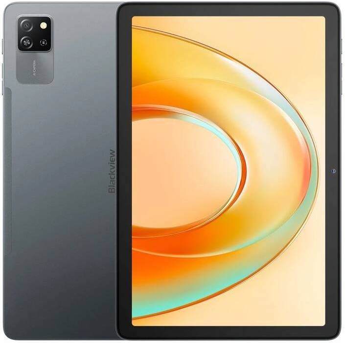 Přední a zadní pohled na tablet Blackview Tab 60 Pro LTE v šedé barvě, zobrazující displej i zadní fotoaparát