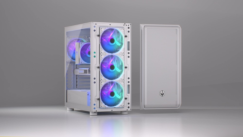 Bílá počítačová skříň se sejmutým bočním panelem, který odhaluje tři svítící RGB ventilátory. Ventilátory vyzařují zářivé modré, fialové a zelené světlo v elegantním, moderním designu.