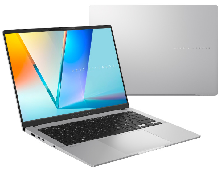 Otevřený a zavřený stříbrný notebook ASUS Vivobook S14 s hliníkovým šasi