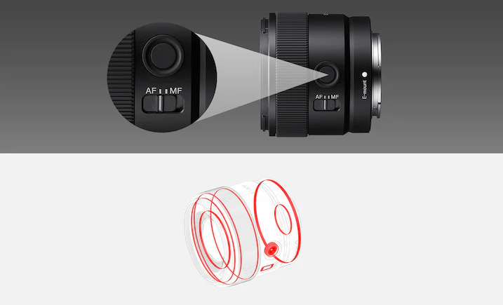 Objektiv Sony E 11 mm f/1.8 černý Ilustrace a snímek znázorňující provedení a tlačítka odolná proti prachu a vlhkosti