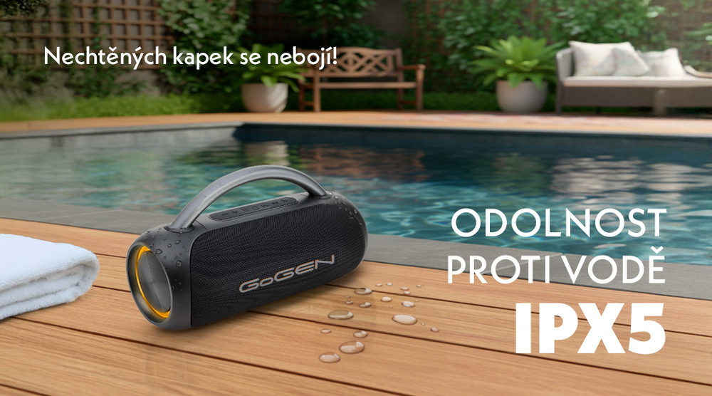 Natočený pohled na bezdrátový reproduktor GoGEN ROLEE BS 380 s odolným madlem a světelnými efekty