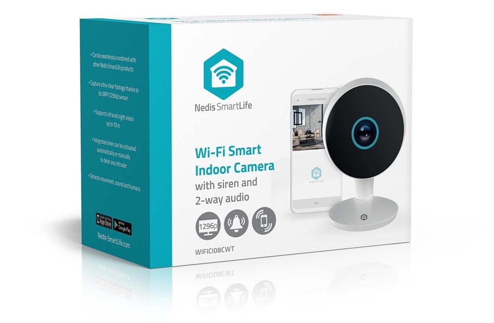 IP kamera Nedis SmartLife WIFICI08CWT má vestavěný mikrofon a obsahuje i poplachovou sirénu