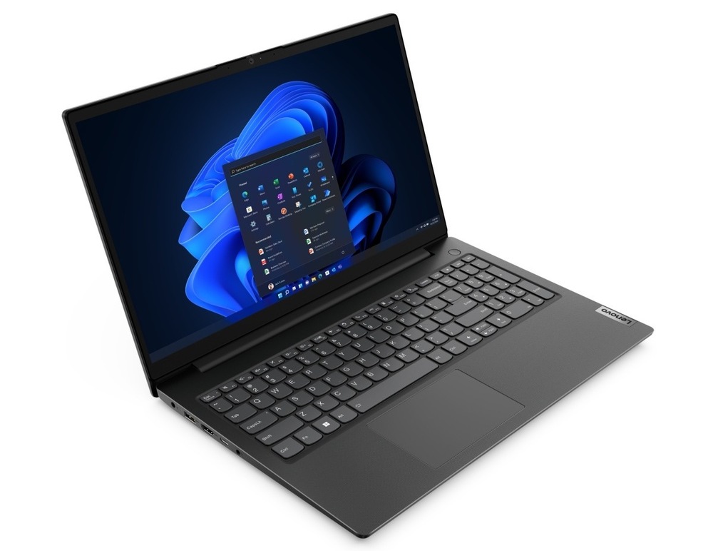 Notebook Lenovo V15 Gen 4 černý Otevřený a zapnutý notebook Lenovo V15 Gen 4 otočený doprava