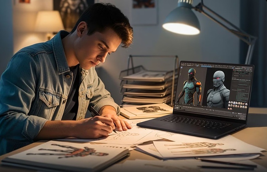Notebook Asus ProArt P16 černý Muž u notebooku během kreativní tvorby.