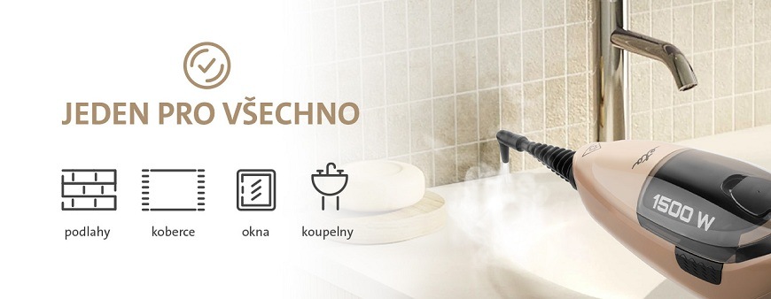 Parní čistič ETA Vapuro 2261 90000 - rozbaleno - 24 měsíců záruka Multifunkční ruční parní čistič 2v1 ETA Vapuro 1500W při čištění umyvadla. Text: JEDEN PRO VŠECHNO. Ikony s popisy: podlahy, koberce, okna, koupelny