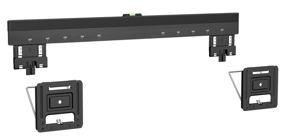 Držák TV GoGEN ultra slim, pevný XL černý Rozložené části černého ultra tenkého TV držáku GoGEN – hlavní lišta s vodováhou a dvě samostatná montážní ramena