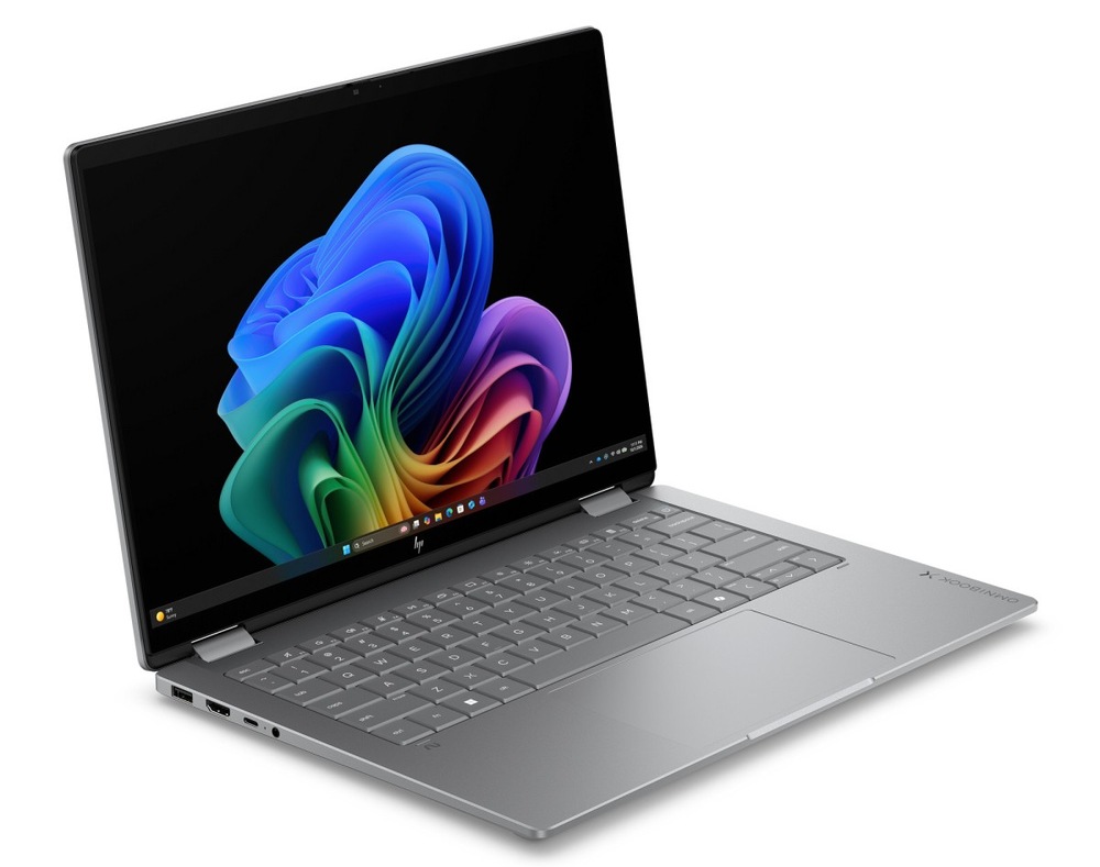 Notebook HP OmniBook X Flip AI 14-kb0000ncx + Game Pass předplatné na 2 měsíce šedý Otevřený a zapnutý notebook HP OmniBook X Flip AI otočený doprava