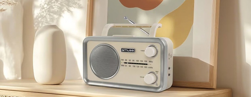 Radiopřijímač MUSE MF-060 SC je položen na dřevěné skříni. Za ním se nachází moderní obraz a bílá váza.