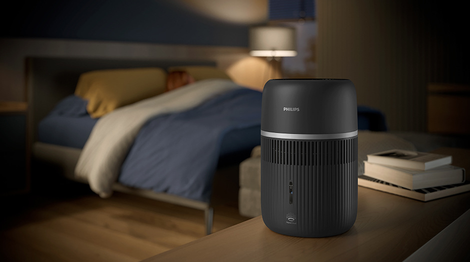 Zvlhčovač vzduchu Philips 4000 Series HU4210/03 šedý Moderní ložnice se zvlhčovačem vzduchu Philips HU4210/03 4000 Series v režimu spánku.