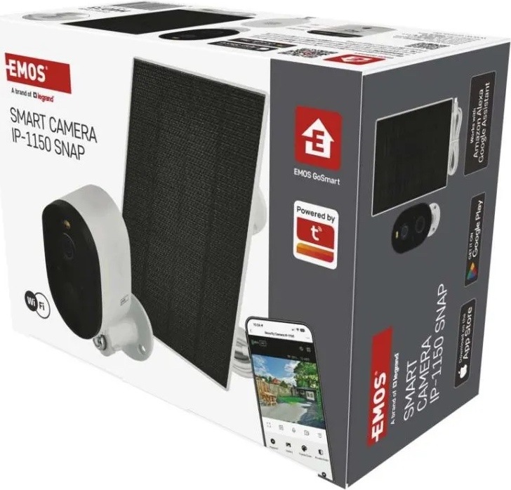 Produktové balení kamery EMOS Smart Camera IP-1150 SNAP. Na krabici je vyobrazena bílá kamera se solárním panelem, ukázka mobilní aplikace a loga EMOS GoSmart, Tuya, Google Play a App Store.