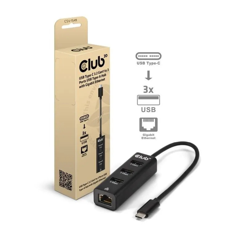 Dokovací stanice Club3D USB-C 3.2/3xUSB-A 3.2/RJ45 1Gbps černá