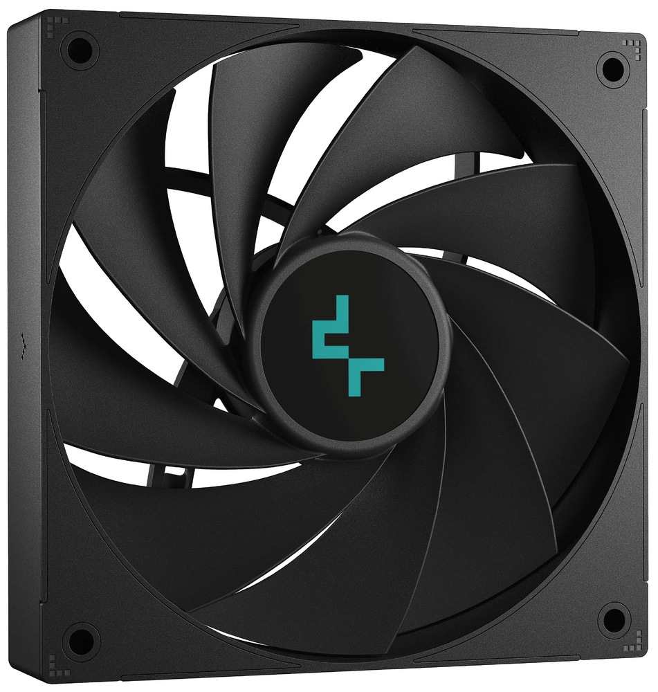Chladič CPU DeepCool Assassin IV VC Vision černý Snímek ventilátoru, detail lopatek. Jsou vidět 4 otvory v rozích pro instalaci.