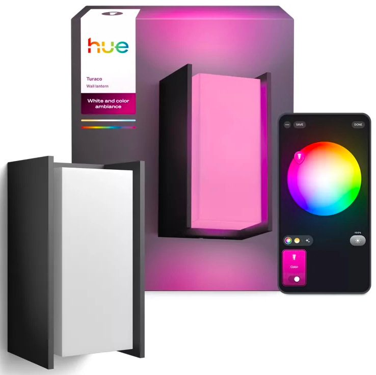 Svítidlo Philips Turaco Hue s balením a ukázkou volby barev v aplikaci Hue