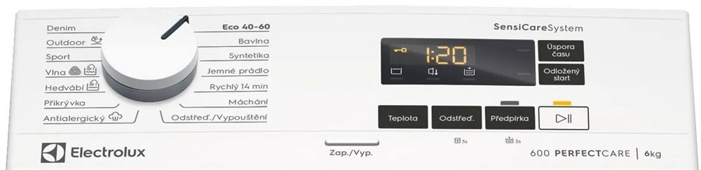 Pračka Electrolux Série 600 EW6T126C bílá Ovládací panel pračky Electrolux EW6T126C řady 600 SensiCare s vrchním plněním