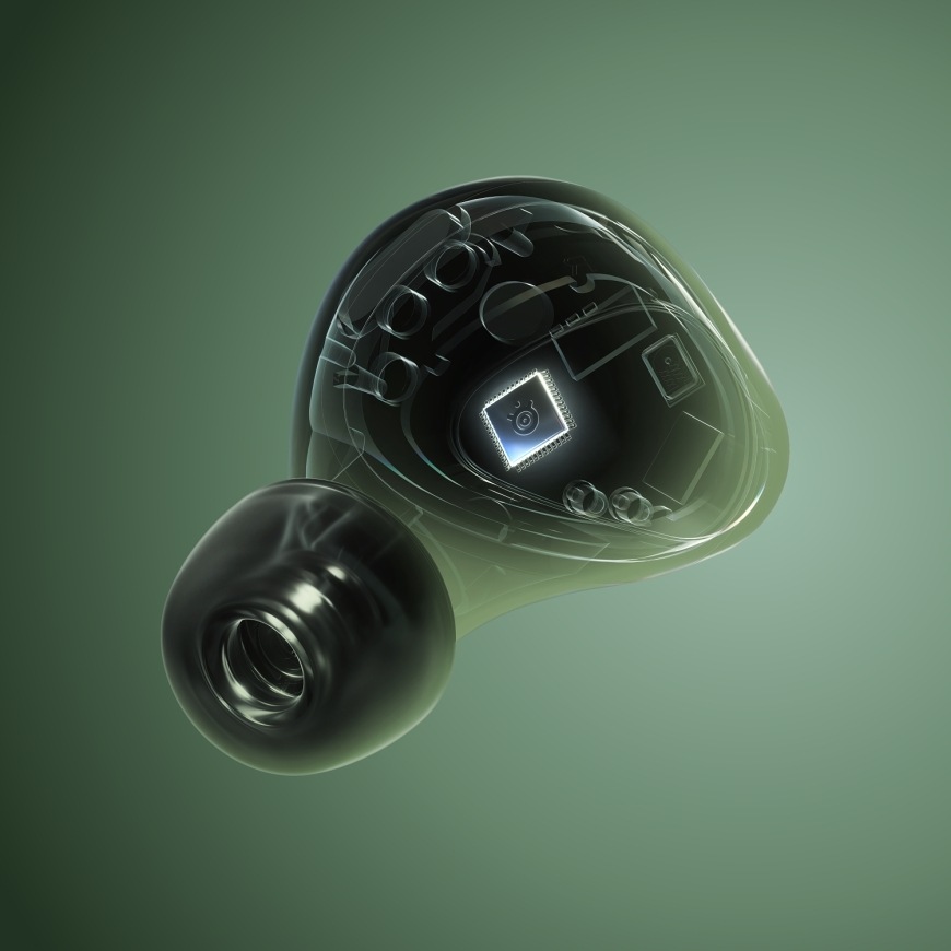 Průhledová vizualizace sluchátka SteelSeries Arctis GameBuds s čipem uvnitř těla