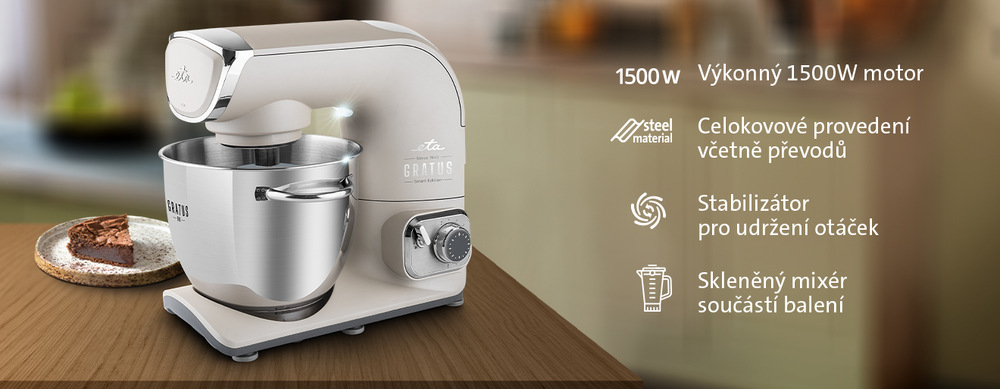 Kuchyňský robot ETA Gratus Evo Smart v celokovovém provedení s 1500W motorem, nerezovou mísou, osvětlením a stabilizátorem otáček