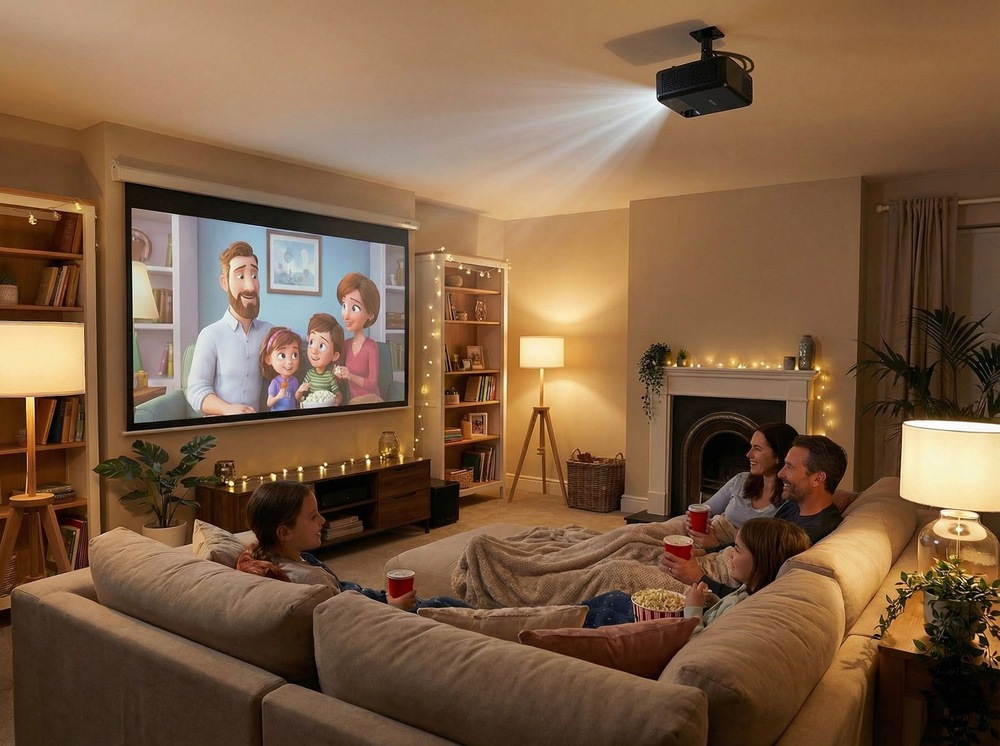 Projektor Optoma HZ147X černý Rodina se baví u dětského filmu z projektoru Optoma HZ147X s flexibilní konektivitou