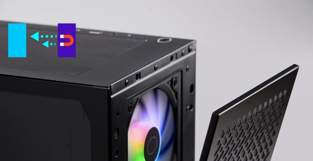 Černá skříň počítače s odstraněným předním panelem, odhalující RGB ventilátor vyzařující barevné světlo.