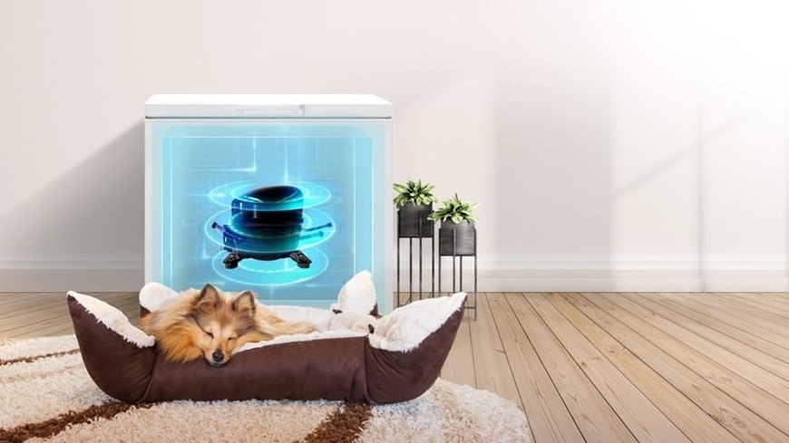 Mraznička Hisense FT282D4AWYLA bílá Pes spí v pelíšku před pultovou mrazničkou Hisense. Uvnitř ní je výkonný a zároveň tichý invertorový kompresor.