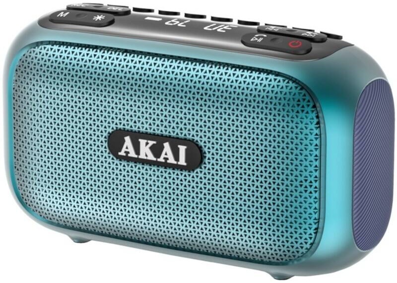 Přenosný Bluetooth reproduktor AKAI v tyrkysové barvě s mřížkou a logem.