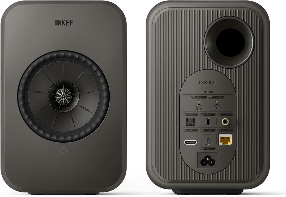 Reproduktory KEF LSX II LT (2 ks) černé Dvojice reproduktorů KEF LSX II LT z obou stran, čelní i zadní pohled.
