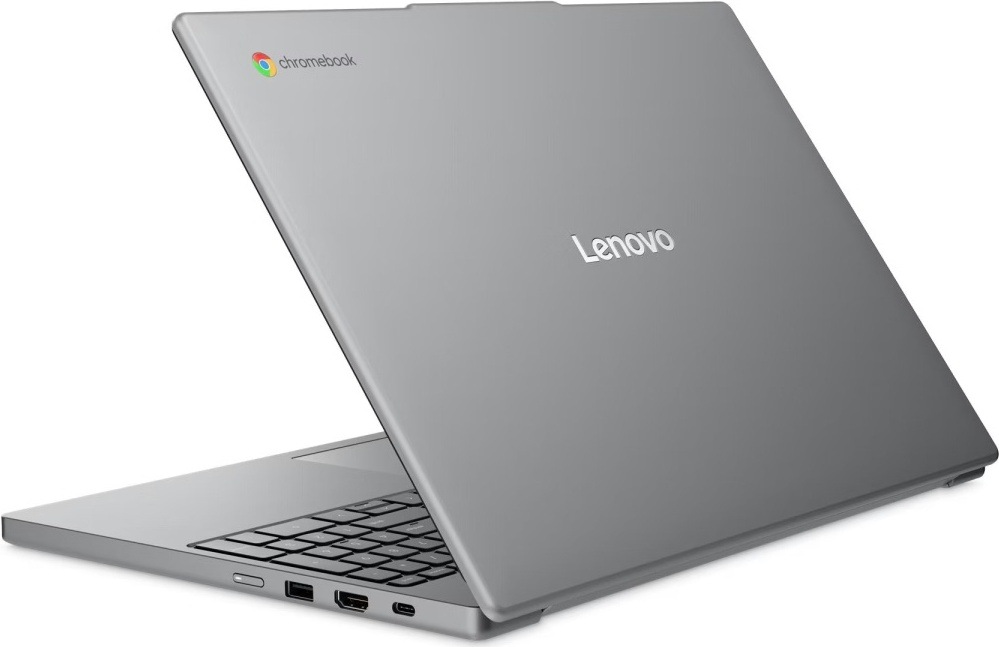 Lenovo Chromebook zezadu s šedým víkem a viditelnými bočními konektory
