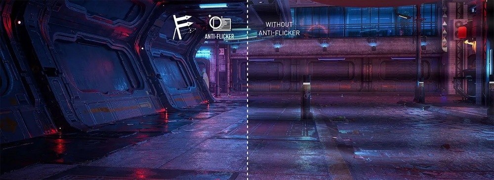  Rozdělený obraz futuristické chodby: levá strana zobrazuje jasné, živé detaily označené jako „Anti-Flicker“, pravá strana působí matně a méně definovaně.