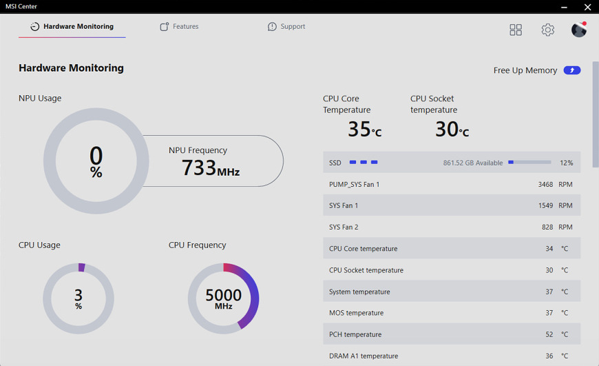 Rozhraní MSI Center pro monitoring hardwaru